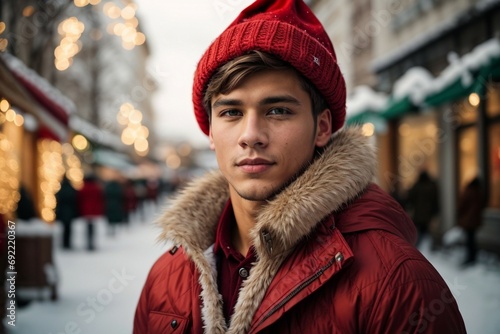 Handsome awesome young man in Santa Claus hat. Fashionable young man in winter clothes over snowy background. Winter background in street or office or clinic blurry © SLP Creative