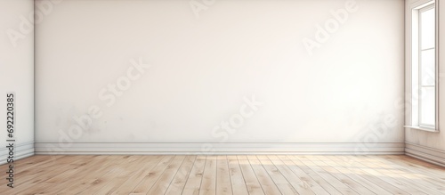 an empty room with wood flooring and white paint on the walls there is a large window in the corner. Copy space image. Place for adding text or design photo