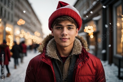 Handsome awesome young man in Santa Claus hat. Fashionable young man in winter clothes over snowy background. Winter background in street or office or clinic blurry