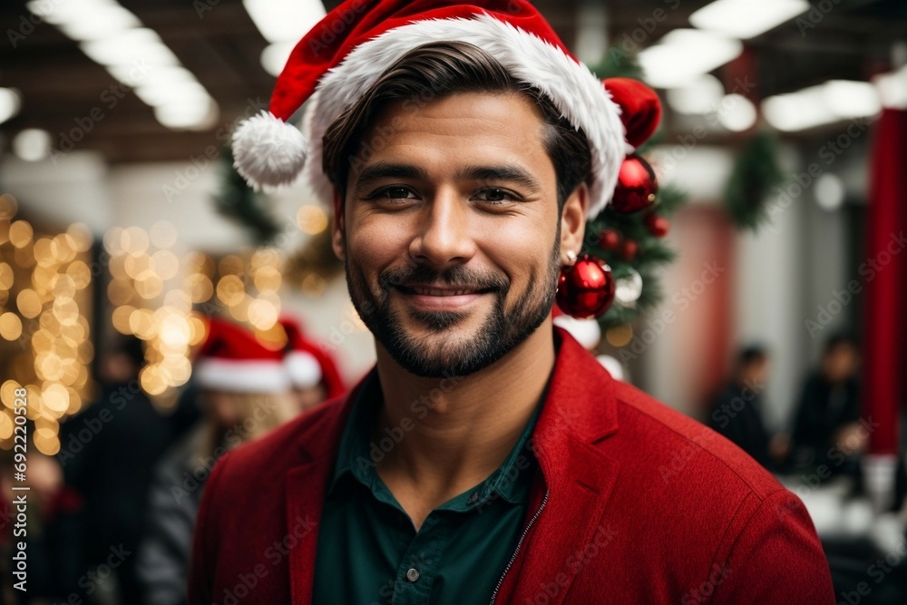 Handsome awesome young man in Santa Claus hat. Fashionable young man in winter clothes over snowy background. Winter background in street or office or clinic blurry Handsome awesome young man in Santa Claus hat. Fashionable young man in winter clothes over snowy background. Winter background in street or office or clinic blurry