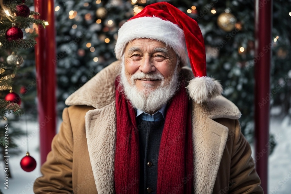 Handsome awesome French old man in Santa Claus hat, muffler and jacket. Fashionable french old man in winter clothes over snowy background. Winter background in street or office blurry Handsome awesome French old man in Santa Claus hat, muffler and jacket. Fashionable french old man in winter clothes over snowy background. Winter background in street or office blurry