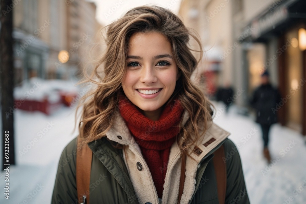 Holidays, christmas, winter and young people concept - smiling young woman in warm clothes over snowy mountain street background