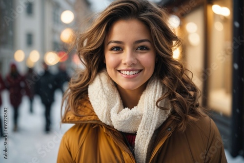 Holidays, christmas, winter and young people concept - smiling young woman in warm clothes over snowy mountain street background © SLP Creative
