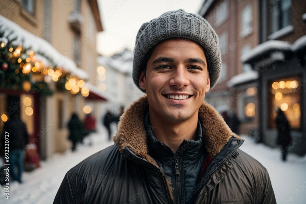 Holidays, christmas, winter and young people concept - smiling young man in warm clothes over snowy mountain street background Holidays, christmas, winter and young people concept - smiling young man in warm clothes over snowy mountain street background