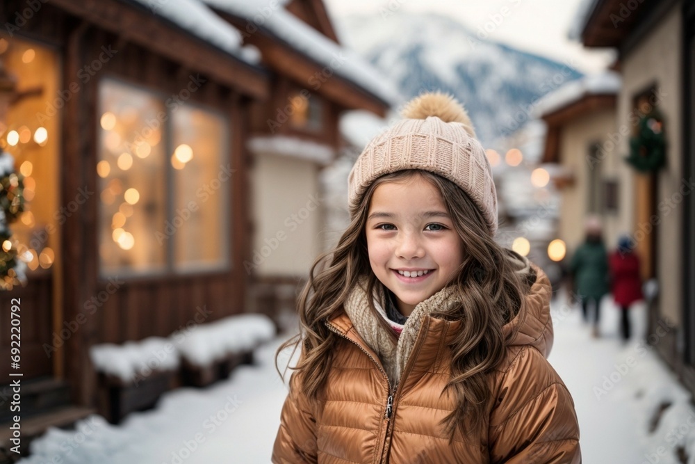 Holidays, christmas, winter and young people concept - smiling young girl kid in warm clothes over snowy mountain street background Holidays, christmas, winter and young people concept - smiling young girl kid in warm clothes over snowy mountain street background