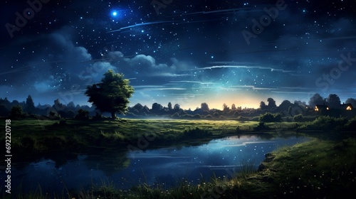 A dreamy, starlit night sky over a tranquil countryside, where constellations a scene of rolling hills and a tranquil pond.