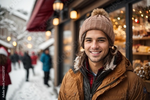 Holidays, christmas, winter and young people concept - smiling young man in warm clothes over snowy mountain street background