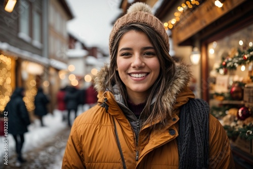 Holidays, christmas, winter and young people concept - smiling young woman in warm clothes over snowy mountain street background © SadekurRahman