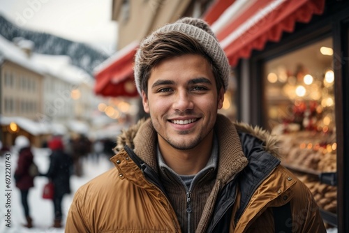 Holidays, christmas, winter and young people concept - smiling young man in warm clothes over snowy mountain street background