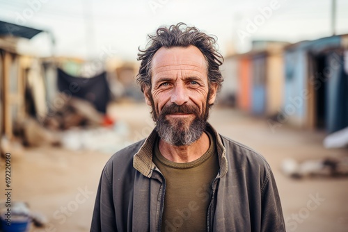 Portrait of a middle-aged man with long hair and beard in an outdoor flea market