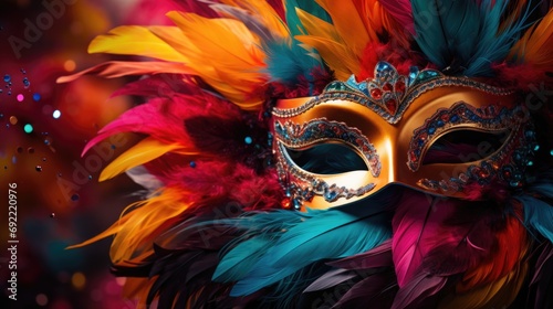 A vibrant carnival unfolds colorful masks adorning people's faces, creating atmosphere of joy, festivity, mystery. mask showcase intricate designs, adding element of elegance to lively celebration. © Alla
