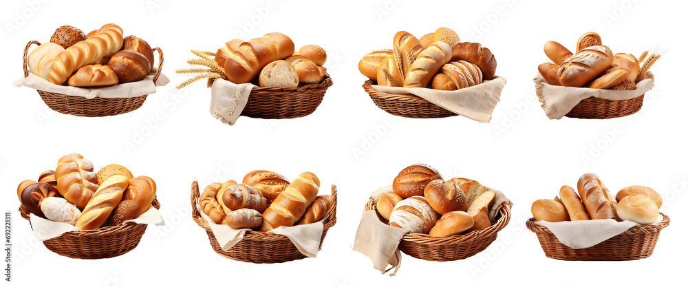 Set of Delicious pastries and breads placed in vase basket isolated on transparent png background, various of breads for selling in shop concept. Set of Delicious pastries and breads placed in vase basket isolated on transparent png background, various of breads for selling in shop concept.