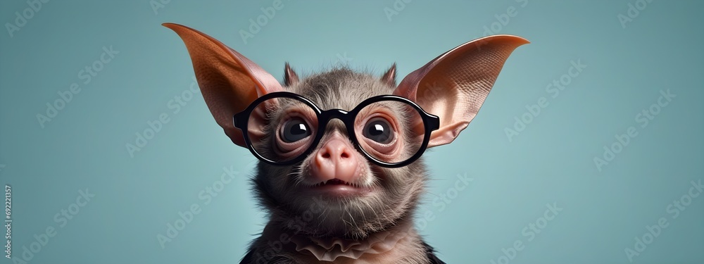 Studio portrait of a bat wearing glasses on a simple and colorful background. Creative animal concept, bat on a uniform background for design and advertising. - obrazy, fototapety, plakaty 