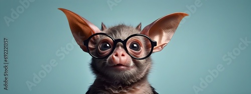 Studio portrait of a bat wearing glasses on a simple and colorful background. Creative animal concept, bat on a uniform background for design and advertising. photo