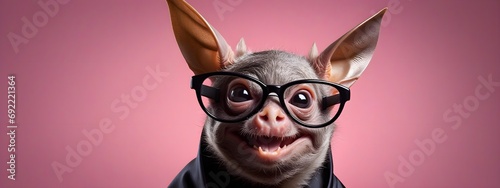 Studio portrait of a bat wearing glasses on a simple and colorful background. Creative animal concept, bat on a uniform background for design and advertising.