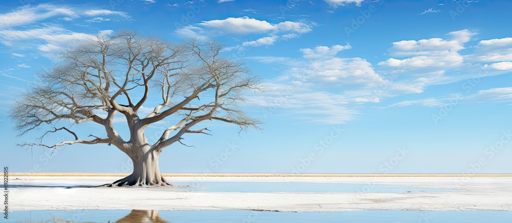 Baobab Adansonia digitata Kubu Island White Sea of Salt Lekhubu Makgadikgadi Pans National Park Botswana Africa. Copy space image. Place for adding text or design - obrazy, fototapety, plakaty 