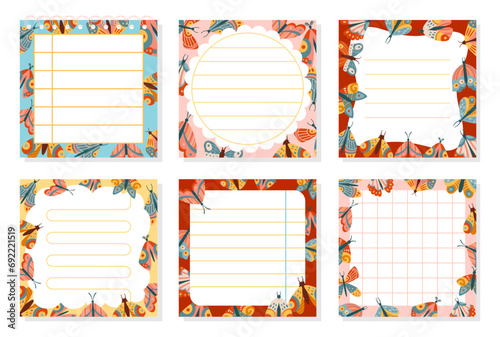 Paper sticky notes, Notepaper Sticker Notepads set with butterfly. Sheet list copybook page lined grid. Stationery elements planning education blank organizer. Isolated cartoon vector illustration