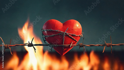 red heart symbol wrapped in barbed wire fence and the fire burning behind. Valentines day and love concept photo