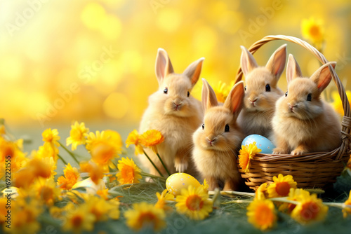 Kartka wielkanocna z życzeniami, wielkanocne zajączki i króliczki photo