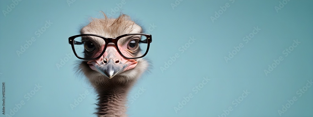 Studio portrait of a ostrich wearing glasses on a simple and colorful background. Creative animal concept, ostrich on a uniform background for design and advertising. - obrazy, fototapety, plakaty 