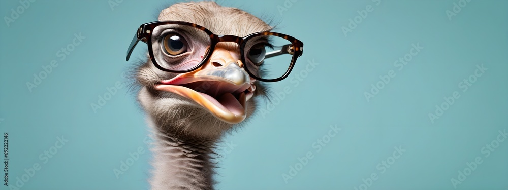 Studio portrait of a ostrich wearing glasses on a simple and colorful background. Creative animal concept, ostrich on a uniform background for design and advertising.