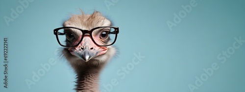 Studio portrait of a ostrich wearing glasses on a simple and colorful background. Creative animal concept, ostrich on a uniform background for design and advertising. photo