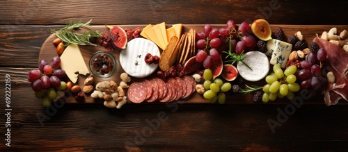 Appetizers boards with assorted cheese meat grape and nuts Charcuterie and cheese platter Top view copy space. Copy space image. Place for adding text or design photo