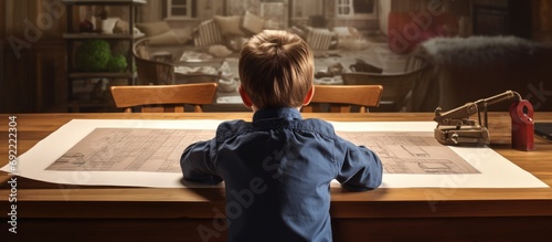 Always curious Cute little boy in a white hand sitting at the table and looking at his father holding a blueprint while drawing a picture. Copy space image. Place for adding text or design