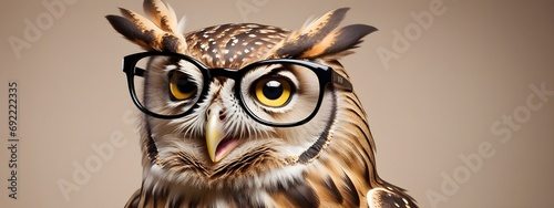 Studio portrait of a owl wearing glasses on a simple and colorful background. Creative animal concept, owl on a uniform background for design and advertising.