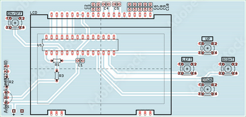 Vector drawing of printed circuit board 
of electronic device 
with seats, conductors and contact pads.
Engineering technical project.
Electric pcb background.