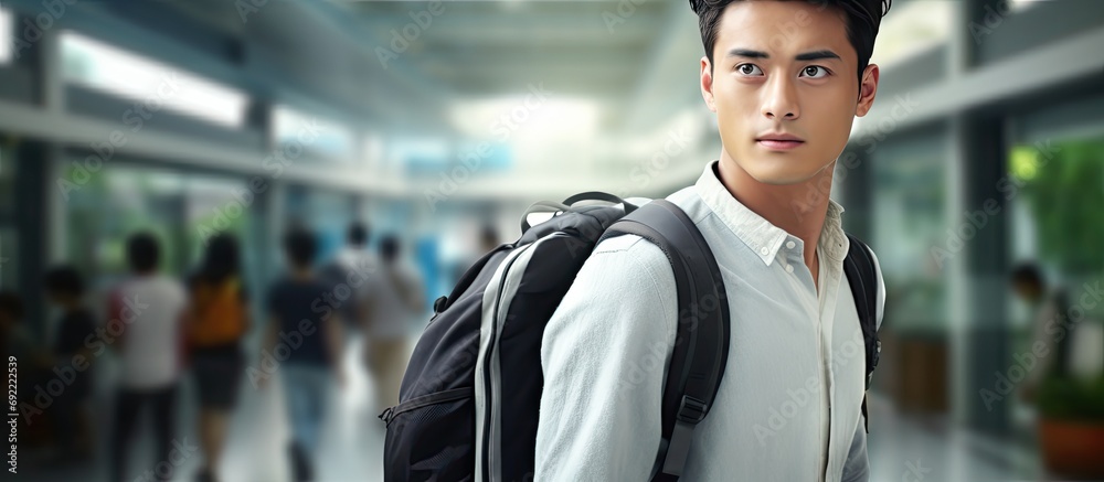 Asian nerd boy posing with backpack in class. Copy space image. Place for adding text or design Asian nerd boy posing with backpack in class. Copy space image. Place for adding text or design