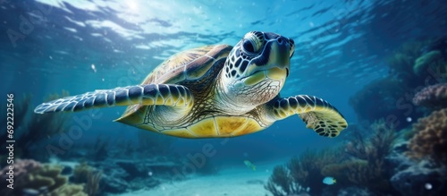 Big turtle diving water on sea turtle swimming under water marine close up animal in ocean or sea beautiful and cute turtle for looking of tourist in water nature and enivronment on light and d photo