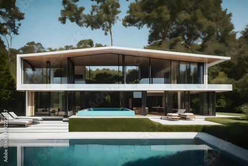 Design a visual portrayal of a modern pool house with floor-to-ceiling windows, minimalist furniture, and a glistening pool bordered by manicured landscaping © ANAS