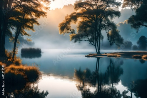 Craft an image featuring a serene lake at sunrise, with mist gently rising above the tranquil waters