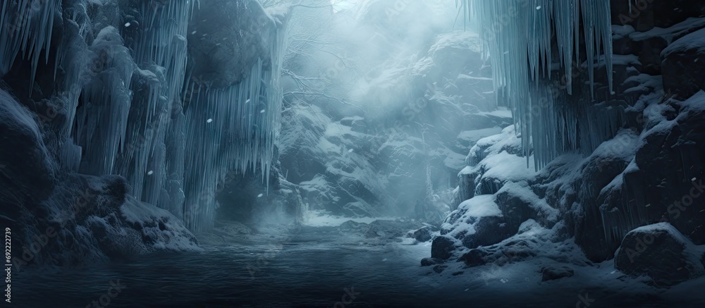Beautiful long icicles of a frozen waterfall with water flowing and crashing down and Ice water dripping from the tips of icicles in a cold eery and moody atmosphere in a cave in the mountains - obrazy, fototapety, plakaty 