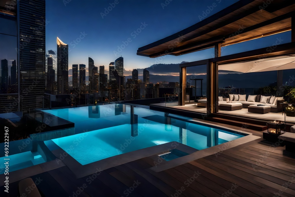 Fototapeta premium Capture the essence of elegance in an image featuring a pool house with a retractable roof, modern lounge chairs, and an infinity pool overlooking city lights