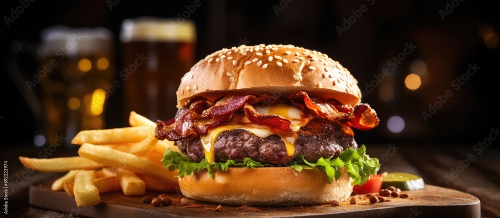 bacon cheeseburger on toasted pretzel bun served with fries and beer shot with selective focus. Copy space image. Place for adding text or design - obrazy, fototapety, plakaty 