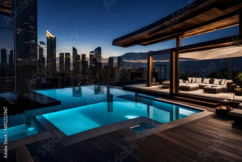 Capture the essence of elegance in an image featuring a pool house with a retractable roof, modern lounge chairs, and an infinity pool overlooking city lights