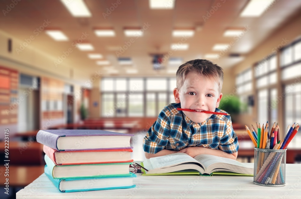 Portrait of happy school child in classroom, Portrait of happy school child in classroom,