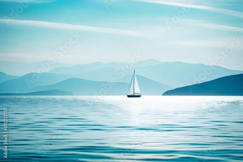 Craft an image of a serene minimalist seascape, showcasing a lone sailboat against a vast expanse of calm waters and an uncluttered horizon