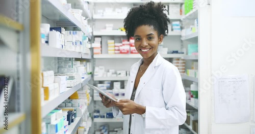 Pharmacy, face and woman pharmacist with tablet for stock, inventory or quality control. Pharma, retail and portrait of doctor with store management app, ecommerce or medicine, info or pills check photo