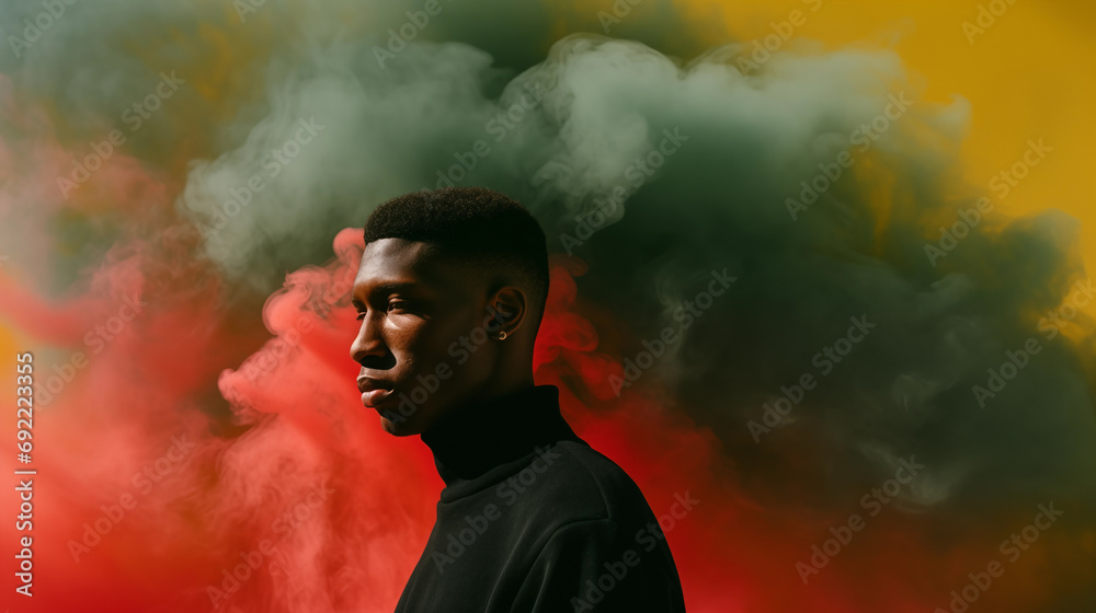 Obraz premium Black History Month. African American History in United States. Red Yellow Green smoke shrouded black man. Freedom holiday. Celebrated annual in February. Poster, design art illustration. Generated AI