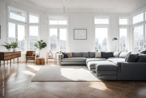 Craft an image of a minimalist living room with a monochromatic color scheme  sleek furniture  and natural light streaming through unadorned windows