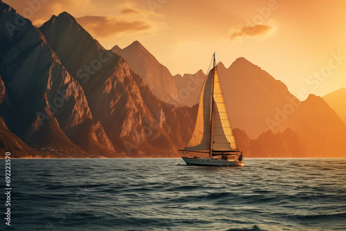 Fototapeta Naklejka Na Ścianę i Meble -  Sailboat in the sea in the evening sunlight over beautiful big mountains background