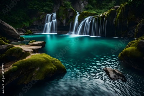 Design a visual portrayal of minimalist nature with a lone, unadorned waterfall cascading down a cliff into a serene pool below photo