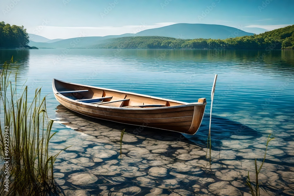 Generate an image portraying a minimalist lakeside scene, with a solitary rowboat resting on the shore against a backdrop of serene, unembellished waters