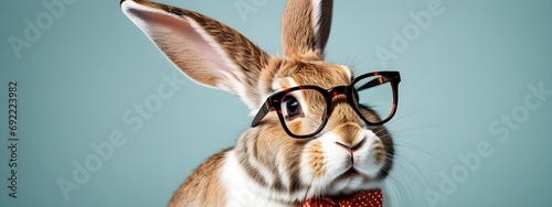 Studio portrait of a rabbit wearing glasses on a simple and colorful background. Creative animal concept, rabbit on a uniform background for design and advertising.