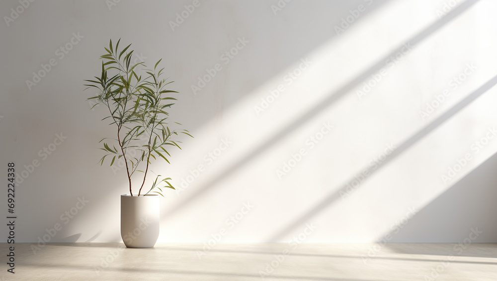 Plant beside the wall with sun light shine in showing beautiful shadow on empty wall. Background, mockup, backdrop, Green, houseplant decoration