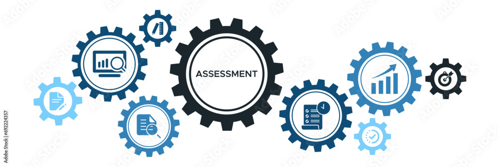 Assessment banner web icon vector illustration for accreditation and evaluation method on business and education with audit, analysis, plan, evaluation, quality, process, results and goal. - obrazy, fototapety, plakaty 
