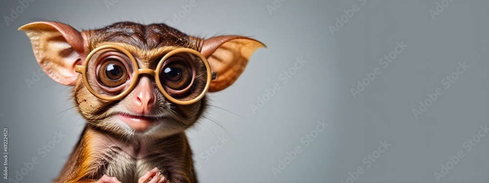 Studio portrait of a tarsier wearing glasses on a simple and colorful background. Creative animal concept, tarsier on a uniform background for design and advertising.